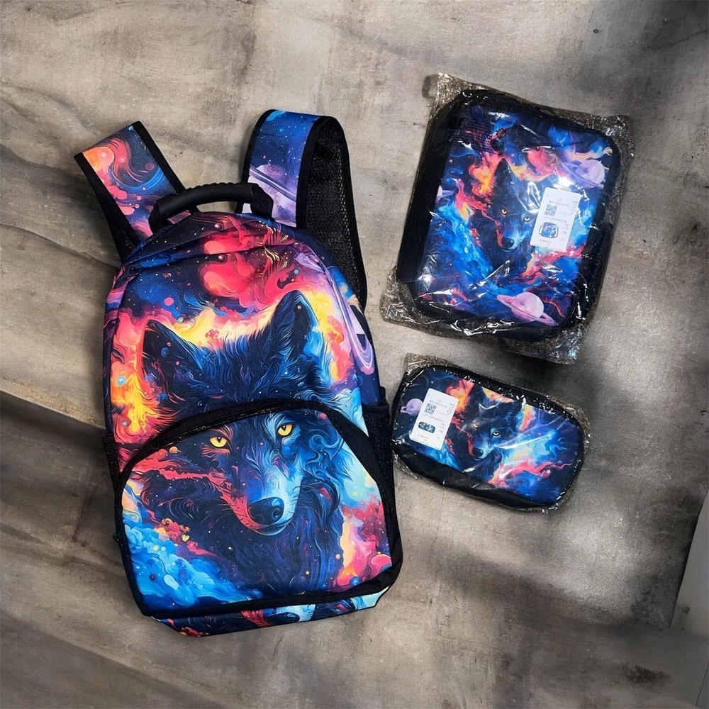 117.-   3 piece set Dolyues Starry Wolf Teen Boys Backpack with Lunch Box
